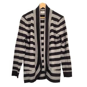 Pointelle Cardigan Women's Large Gray Black Open Front Striped Office Layer